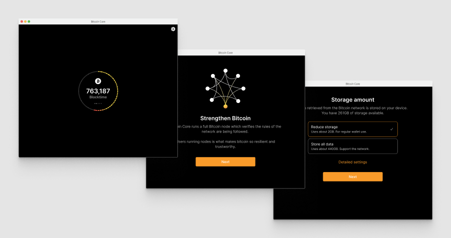 Three screen mock-ups of the Bitcoin Core App application